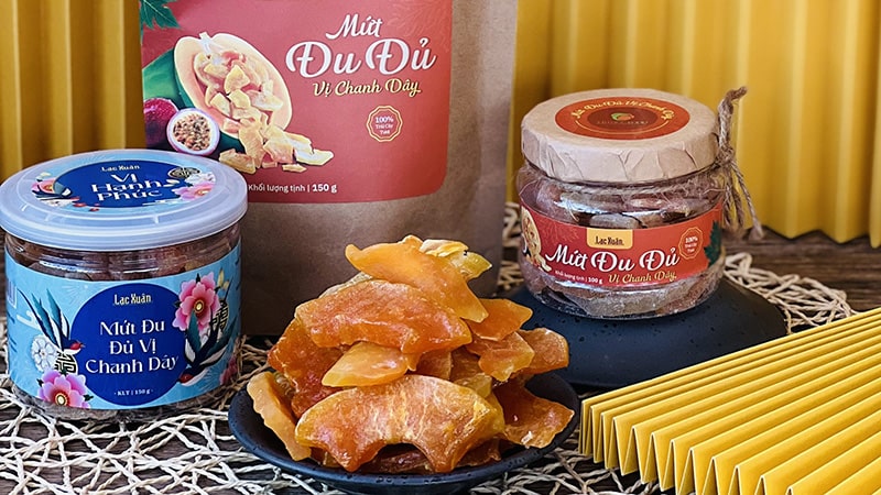 Mứt đu đủ vị chanh dây sấy dẻo Lạc Xuân.
