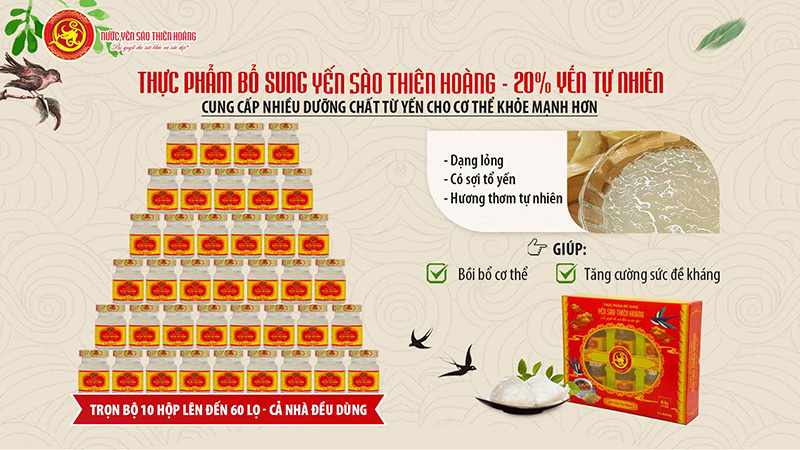 Yến Thiên Hoàng cùng với những dòng sản phẩm đặc trưng đóng gói với số lượng khác nhau trên mỗi hộp