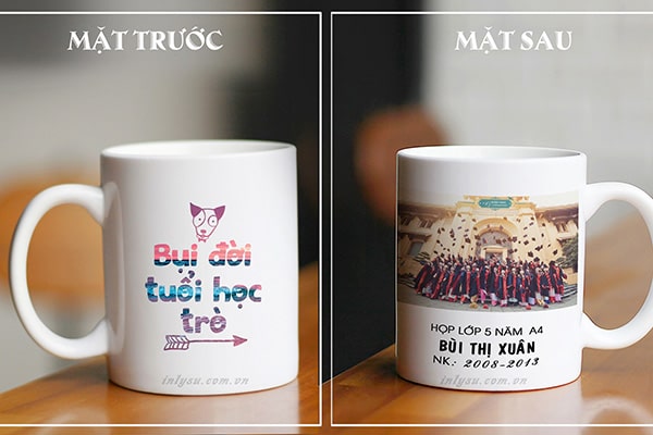 Ghi nhớ kỷ niệm và đoàn kết với ly sứ có in hình tập thể lớp.